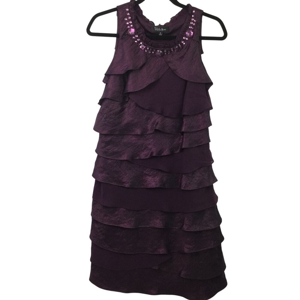 S.L. Fashions Women's Beaded Neck Tiered Feminine Flounce Holiday Party Dress 12